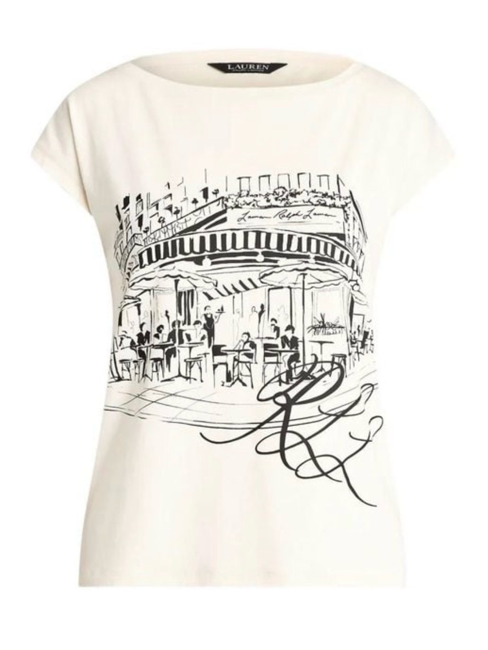 Lauren Ralph Lauren Parisian Café Graphic Boat Neck T-Shirt Ivory Size PM